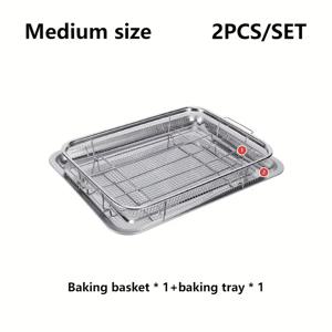 TEMU 2개/세트 스테인리스 스틸 메쉬 드레이너 바스켓 - 다기능 카운터탑 그릴, 튀김 및 야외 요리용 식품 등급 드립 트레이 (1x 베이킹 랙 + 1x 로스팅 팬), 완벽한 조합: 감자튀김 & 스낵