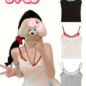 TEMU 3개 세트 여성용 패딩 내장 캐미솔 - 생생한 색상의 스타일리시한 민소매 디자인, 오픈 백 디자인, 파티, 일상복, 여름 해변 휴가, 하와이 여행, Y2K 뮤직 페스티벌 의상에 적합