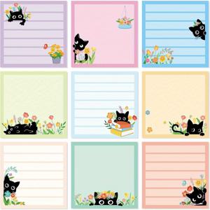 TEMU 9개 패드 고양이 끈끈이 메모 세트 - 450매 귀여운 검은 고양이 & 플로럴 디자인, 사무실, 학교, 책상 장식을 위한 접착 메모 패드 - 재미있는 동물 애호가 선물, 귀여운 끈끈이 메모, 학용품, 장난기 넘치는 디자인, 튼튼한 종이