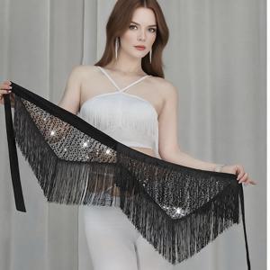 TEMU 라틴 댄스 스커트, 벨리댄스 신상 시퀸 프린지 허리 스커트, 타이업 힙 랩, 연습용 댄스 스커트, 라틴 모던 하프 길이 스커트 원피스 허리 랩 벨트, 스트리트 스타일 액세서리, 나이트클럽 파티, 페스티벌 축하, 무대 공연 패셔너블 섹시 허리 벨트 랩, 다용도 숄로 사용 가능|댄스복