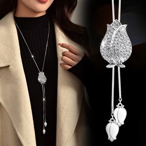 TEMU 패션 라이트 럭셔리 하이엔드 라인스톤 태슬 튤립 스웨터 체인, 가을 겨울 코트 액세서리용 롱 목걸이