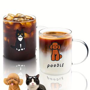 TEMU 2개 세트 귀여운 강아지와 고양이 유리컵, 고강도 보로실리케이트 소재, 아이스 커피, 주스, 라떼, 핫티에 완벽, 전자레인지 및 냉장고 사용 가능, 친구와 가족을 위한 이상적인 선물, 다양한 행사에 적합|전자레인지