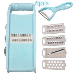 TEMU 6개 스테인리스 스틸 다기능 야채 슬라이서 및 강판 세트. 교체 가능한 날이 특징이며, 감자, 당근, 오이, 양배추 등을 슬라이싱 및 다지기에 적합한 수동 주방 도구입니다.|야채다지기