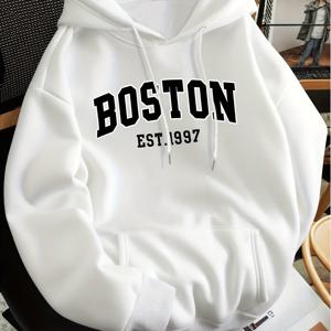 TEMU 보스턴 레터 프린트 남성 패션 후드 스웨트셔츠, 레귤러 핏, 후드 칼라 스타일, 솔리드 컬러 그래픽 프린트, 캐주얼 긴팔 풀오버