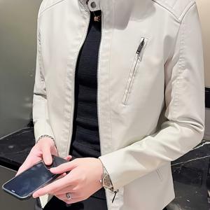 TEMU 남성용 솔리드 컬러 인조 가죽 자켓, 트렌디 스탠드 칼라 긴팔 재킷