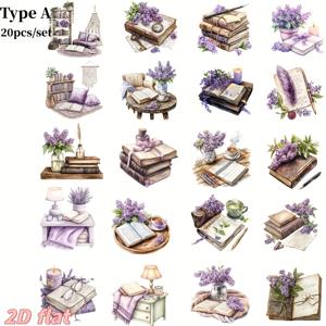 TEMU 장난감 저널, 노트북, 스크랩북 및 플래너를 꾸미기에 적합한 수제 창의적인 빈티지 라일락 및 책 테마 2D 스티커 20개 세트