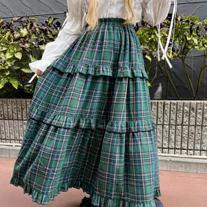 TEMU 여성용 크리스마스 시즌 그린 체크 스커트, 탄성 허리 밴드, 안감, 러플 밑단, 빈티지 체크 A라인 케이크 디자인으로 가을, 겨울에 적합