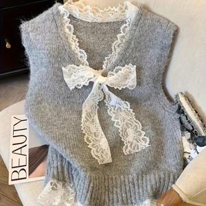 TEMU 컨트라스트 레이스가 돋보이는 우아한 V넥 조끼 | 신상 가을/겨울 여성 스웨터, 데일리 출퇴근을 위한 스위트 & 캐주얼 스타일