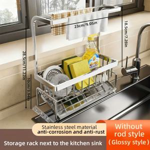 TEMU 브러시 수납 공간과 스테인리스 트레이로 자동 배수 기능이 있는 주방 싱크대 스펀지 홀더. 녹 방지 기능이 있으며 스펀지 및 세제 정리를 위해 설계되었습니다. 타월 바와 칸막이가 있으며 실버 색상입니다.