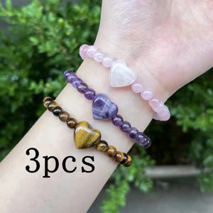 TEMU 여성용 팔찌 3종 세트 - 천연 타이거 아이, 로즈 쿼츠 & 자수정 하트 비즈 주얼리, 일상 및 생일, 어버이날, 크리스마스 등 특별한 날에 완벽한 핸드메이드 선물, 의미 있는 카드 포함, 우아한 디자인, 광택 처리된 비즈, 비즈 액세서리