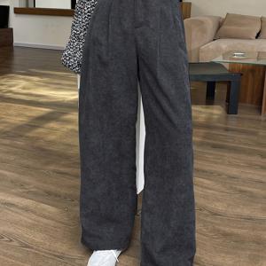 TEMU 여성용 레트로 스타일의 캐주얼 와이드 레그 코듀로이 트라우저. 가을, 겨울에 적합하며, 플리츠 드레이프와 하프 허리 라인이 있는 루즈 핏을 특징으로 합니다.|냉장고바지