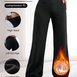 TEMU 여성용 기모 안감 스웨트팬츠 | 와이드 레그, 겨울 따뜻한 스웨트 팬츠, 부드러운 레깅스, 중간 신축성 원단, 단색, 롱 기장