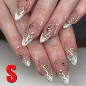 TEMU 10개입 롱 아몬드형 심플하고 세련된 아크릴 인조네일 - 프렌치 실버리 글리터 엣지 & 고급 패턴 인조네일 - 데일리웨어 & 특별한 날을 위한 아름다운 인조네일|네일팁