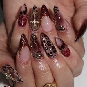 TEMU 24개입 핸드메이드 아몬드형 프레스온 네일 - 빈티지 럭셔리 /누드/핑크 & 프린트, 마블 & 글리터, 12가지 사이즈, 젤 글루 & 네일 파일 포함 - 재사용 가능한 인조 네일 (살롱, 웨딩, 파티, 데일리 웨어용)