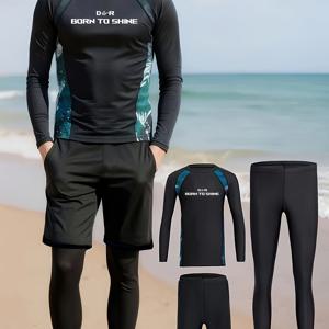 TEMU 남성용 3피스 풀 서프 수영복 - 긴팔 셔츠, 매칭 반바지 & 트로피컬 프린트 수영바지 - 서핑, 수영용 타이트핏 보드 쇼츠 - 세탁기 사용 가능한 비치웨어 (부울드헤드 포켓 불필요)|남자반바지|비치웨어|남성반바지