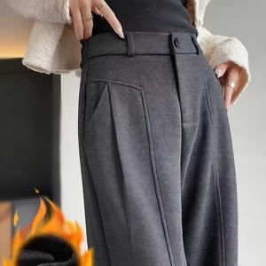 TEMU 여성용 가을/겨울 팬츠, 세미 신축성 허리밴드 디자인, 고급스러운 플리스 안감 정장 바지, 하이웨이스트 컷으로 효과적, 루즈하고 캐주얼한 와이드 레그 팬츠, 편안하고 다용도. 벨트 미포함|냉장고바지|바지