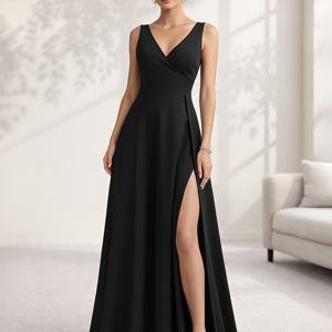 TEMU 여성 민소매 V넥 롱 드레스, 하이웨스트 및 허리 라인, 사이드 하이 슬릿, 플로잉 A라인 실루엣, 단색, 크로스넥, 포멀 파티 웨어, 올 시즌, 성인, 우아한 이브닝 가운