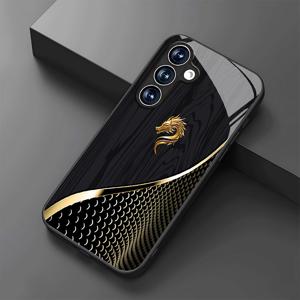 TEMU 폰 케이스: 골든 드래곤 헤드와 블랙 텍스처 패턴 유리 폰 케이스 - 갤럭시 S25/S25 플러스/S25 울트라/S24/S24 FE/S24 플러스/S24 울트라/S23+/S23 울트라/S22+/S22 울트라/S20+/S20 FE/S20 울트라/A13/A14/A16/A32/A33/A34/A53/A54/A72/A73 5G용