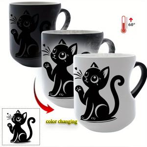 TEMU 열감지 컬러 체인징 세라믹 머그컵 - 검은 고양이 실루엣 & 하트 핸들, 11oz/330ml 커피컵, 열변색 차/코코아 컵, 손세척 전용 (세라믹) - 사무실용, 크리스마스/어버이날 선물