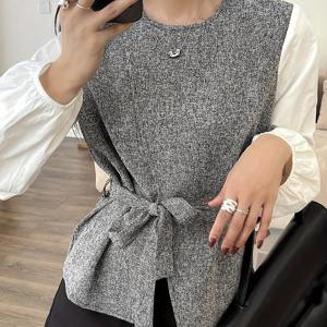 TEMU 여성용 컬러 블록 라운드넥 셔츠, 시넥 허리, 가을/겨울용 긴팔 탑, 프로페셔널 캐주얼 웨어에 적합