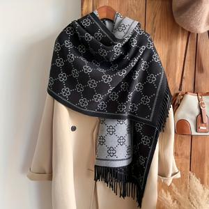 TEMU 여성용 럭셔리 숄 스카프 - 우아한 양면 프린지 겨울 랩, 부드럽고 따뜻한 방풍 칼라 목걸이 숄, 정장 및 캐주얼 복장용, 블랙 & 그레이, 손으로 만든 듯한 라벨 없는 디자인 (깃털 없음) - 다용도