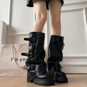 TEMU 2025년 신상 영국 스타일 청키 힐 두꺼운 밑창 패션 부츠 | 탈착식 안감, 둥근 토, 블록 힐, 지퍼 클로저, 사계절 편안함의 여성용 하이 부츠|신발|패션