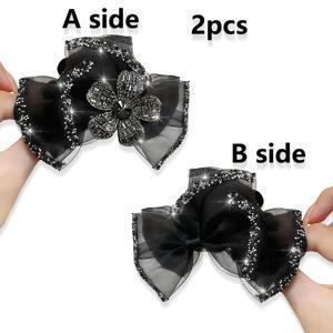 TEMU 새로운 반짝이는 라인스톤 메시 리본 아크릴 헤어 클립 2개, 스타일리시하고 고급스러운 여성용 라인스톤 꽃 레이스 리본 헤어 장식, 중간 크기 미끄럼 방지 상어 클립, 일상 및 축제 행사에 적합, 여성용 헤어 장식품