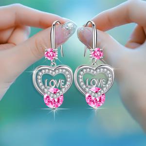 TEMU 사랑의 하트 드롭 댕글 후크 귀걸이 1쌍, 화이트 아쿠아 레드 핑크 퍼플 스톤 사랑의 편지 귀걸이, 하트 모양 주얼리