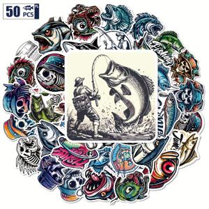 TEMU 50개 야외 낚시 스티커 | 해골 낚시 데칼, 휴대폰 케이스, 여행 가방, 수납 가방, 노트북, 물병용 창의적인 논스틱 데칼 - PVC 재질|핸드폰케이스
