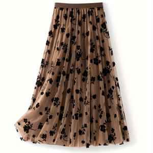 TEMU 봄가을 기품 있는 메쉬 입체 프лок 하프 스커트, 하이웨이스트 주름 안감 A라인 롱 스커트, 출퇴근용 활용도 높은 요정 스커트