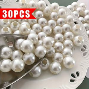 TEMU 30개 18mm 아크릴 진주 비즈, DIY 주얼리 만들기용 사전 천공된 구멍이 있는 화이트 광택 마감, 공예 액세서리, 주얼리 만들기용 참