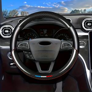 TEMU 15인치 5D 카본 파이버 스타일 스티어링 휠 커버 내부 원형 포함 - PU 가죽, 작은 차량, SUV, 픽업, 스포츠카용 14.57-15.35인치 지름 스티어링 휠에 맞음 - 사계절용 편안한 차량 액세서리, 사계절 액세서리 | 현대적인 차량 액세서리 | 내구성 있는 스티어링 커버, 차량 휠 커버