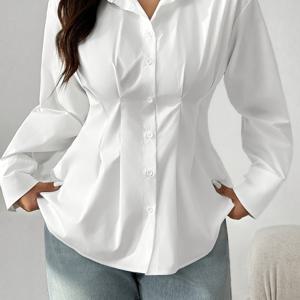 TEMU 플러스 사이즈, 타겟 개발 플러스 사이즈 솔리드 컬러 프론트 버튼 롱 슬리브 타이웨이스트 패션 캐주얼 셔츠