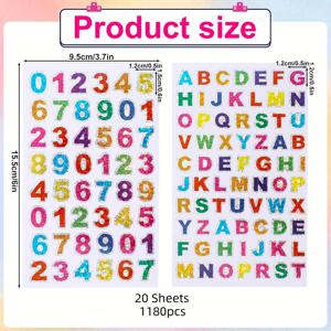 TEMU 20매 1180개 글리터 레터 스티커, 10매 레터 10매 숫자 스티커 자체 접착 반짝이는 스티커 (인사 카드, 홈 , 미술 제작 데칼 및 공예 용품용)