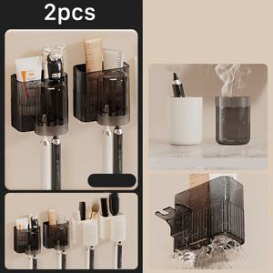 TEMU 벽걸이 칫솔 & 구강청결제 컵 거치대 - 검은색 플라스틱, 드릴링 필요 없음, 전동 칫솔 및 욕실 수납에 완벽