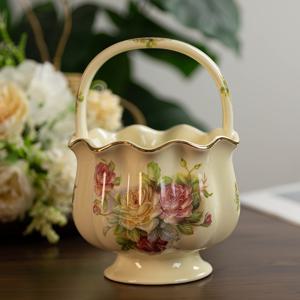 TEMU 우아한 유럽 궁전 장미 세라믹 꽃바구니 - 호박 모양의 골드 악센트, 홈 데코용 플로럴 디자인, 식기 홀더, 크리스마스 데이 어머니날 선물, 2025년 중동, 식기 홀더 | 꽃무늬 바구니 | 세밀한 장인 정신, 꽃바구니 장식