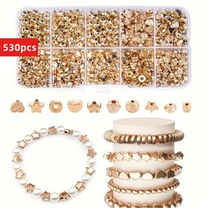 TEMU 530개 골든 라운드 비즈 | 부드럽고 넓은 구형 아크릴 비즈, 팔찌 주얼리 공예용, 스타일