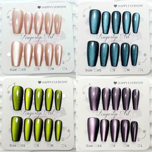 TEMU 중간 길이 스타일 пресс온 네일 40개 세트, 핑크, 블루, 그린, 퍼플 4가지 색상. 패셔너블한 솔리드, 그라데이션, 캣아이 글리터 마감. 탈부착 및 재사용 가능. 젤리 글루, 네일 파일, 나무 스틱 포함. 파티, 무도회, 데일리용 풀커버 인조 손톱 키트