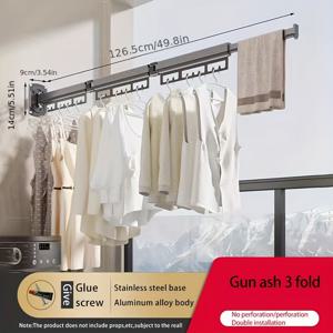 TEMU 드릴 없는 벽걸이 접이식 옷 건조대 - 스테인리스 스틸 공간 절약형 세탁물 정리대, 후크 포함, 셔츠·수건·커튼용 전체 길이 확장 가능 - 아파트, 발코니, 욕실에 적합한 세탁 건조대, 아파트 필수품, 매트릭 메탈 마감, 고품질 구조