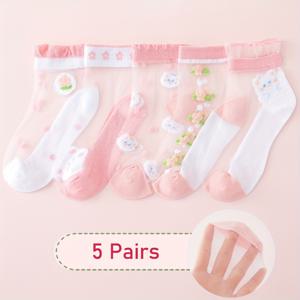 TEMU 귀여운 플로럴 통기성 크루 삭스 5켤레 세트, 여아용, 편안한 미끄럼 방지 메쉬 양말, 여름 아기 필수품, 신학기 시즌에 완벽