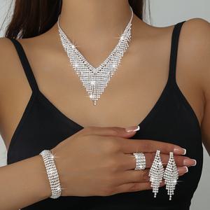 TEMU 신부를 위한 럭셔리하고 우아한 반짝이는 라인스톤 태슬 목걸이, 팔찌, 귀걸이 및 반지 세트