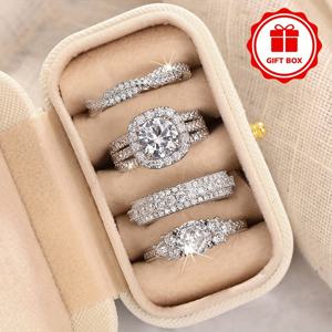 TEMU 리드키스 여성용 웨딩링 4종 세트 - 럭셔리 합성 큐빅 지르코니아 신부 주얼리, 4월 탄생석 웨딩(반지/기념일 선물) & 박스 포함 - 웨딩 & 일상용|탄생석