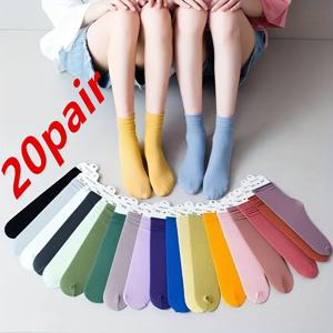 TEMU 여성용 아이스 씬 루즈 캐프 튜브 양말 20켤레 세트 - 사이드 스트라이프가 있는 통기성 나일론 여름 양말, 단색 컬리지 패션 양말 (다양한 색상) | 캐주얼 착용용 파스텔 튜브 양말 | 나일론 양말