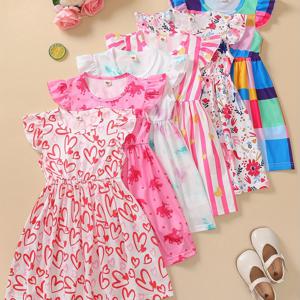 TEMU 여아용으로 디자인된 6벌 세트의 스위트 디자인 민소매 원피스. 패치워크 플로럴 패턴과 핏되는 허리라인이 특징이며, 캐주얼한 외출 및 스타일리시한 유아복으로 완벽합니다.|나시원피스|민소매원피스