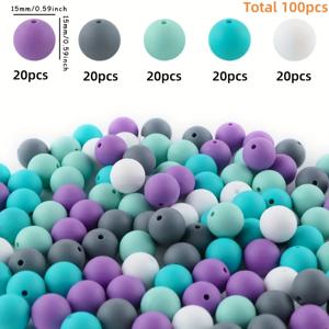 TEMU 보석 만들기용 실리콘 비즈 100개 세트, 클래식 컬러 5종 (9/12/15mm 라운드 루스 비즈), 키체인 및 팔찌 장식용