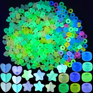 TEMU 약 200/400개 야광 비즈, 다색 형광 플라스틱 별, 하트, 통, 육각 비즈, DIY 공예, 헤어 브레이딩, 팔찌, 목걸이, 야간 낚시 야광 비즈, 키체인 액세서리용 소형 구멍 루즈 비즈, 6-12mm