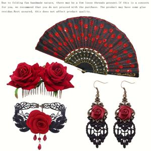 TEMU 플라멩코 댄스 의상 액세서리 5종 세트 - 자수 시퀸 부채, 장미 머리핀, 초커 목걸이 & 귀걸이 포함, 플라멩코 파티, 웨딩, 코스프레, 무대 공연용