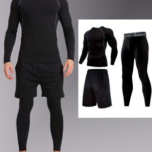 TEMU 3피스 남성용 롱슬리브 라운드넥 상의, 셔츠 & 반바지 & 레깅스 세트, 압박 피트니스 슈트, 육상 스포츠 웨어, 러닝 짐복 퀵드라이 타이트핏 기어, 아침 조깅 야간 트레이닝 봄 가을 운동복