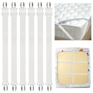 TEMU 베드 시트 클립 조절 가능 65-220cm, 패키지 6개 세트 - 탄력 있는 베드 시트 스트랩 (금속 클립 포함), 매트리스 및 다리미판용, 주름 방지 소파 시트 고정 스트랩, 화이트
