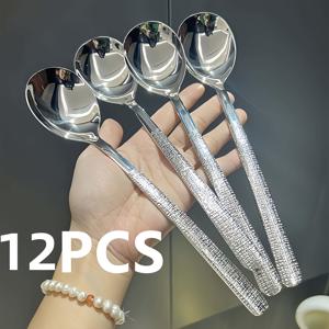 TEMU 3/6/12개 세트 우아한 스테인리스 스틸 망치질 라운드 헤드 스푼 - 수프, 밥, 디저트에 완벽 - 내구성 있는 주방 및 레스토랑 커틀러리